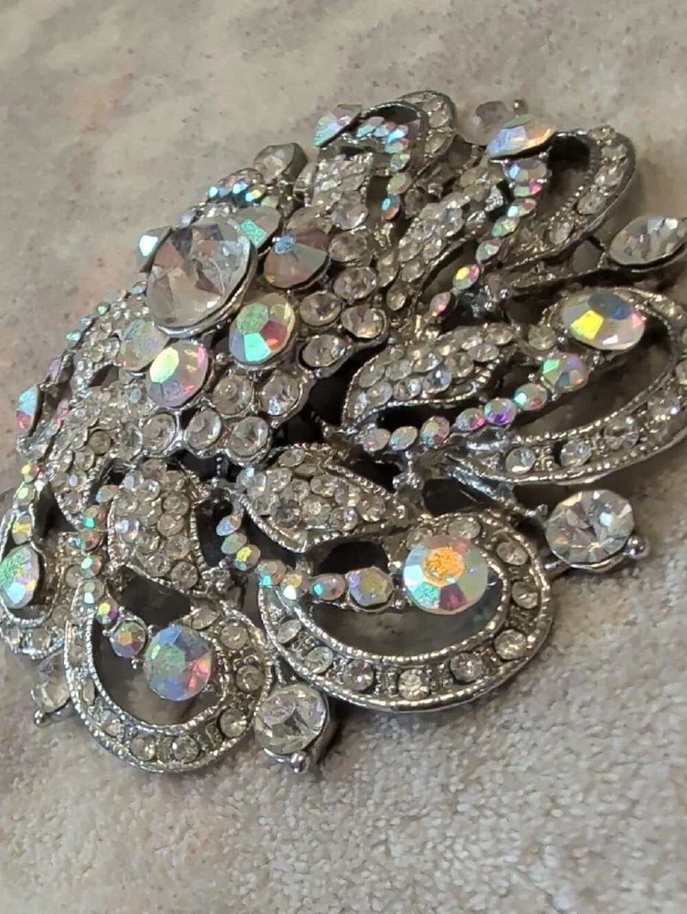 Vintage Silver Crystal Floral Statement Brooch - Aurora Borealis Rhinestones 3
